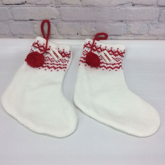 Farmhouse Christmas Stocking Knit Fair Isle Pattern w/PomPoms White/Red/Gray (2) - Picture 3 of 4